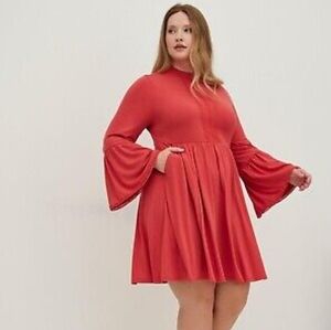 NWT Torrid Red Orange Deep Coral Bell Sleeve Mock Turtleneck Dress 1X